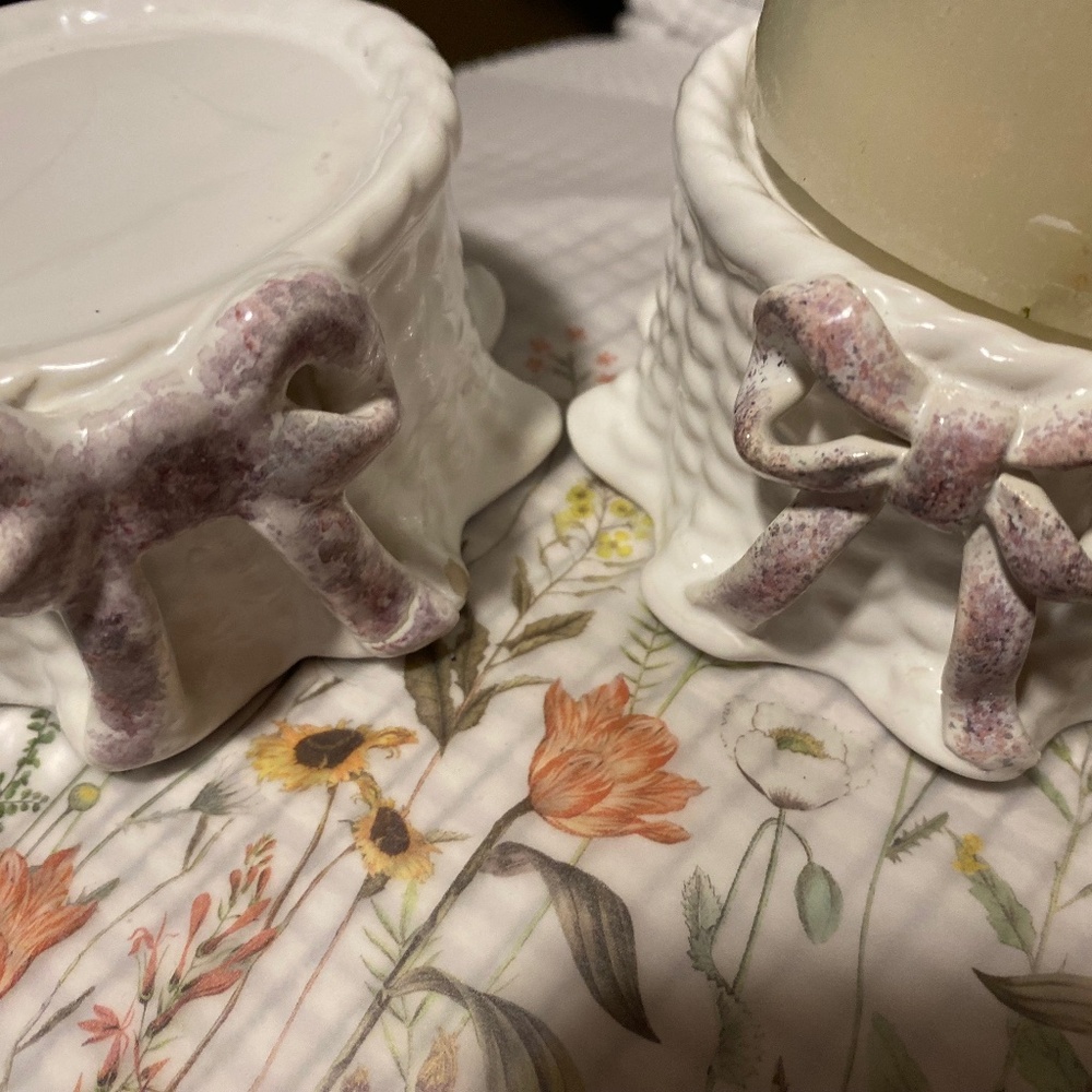 Partylite Set of Ceramic Pillar Candle Holders w/ Lavender Bow